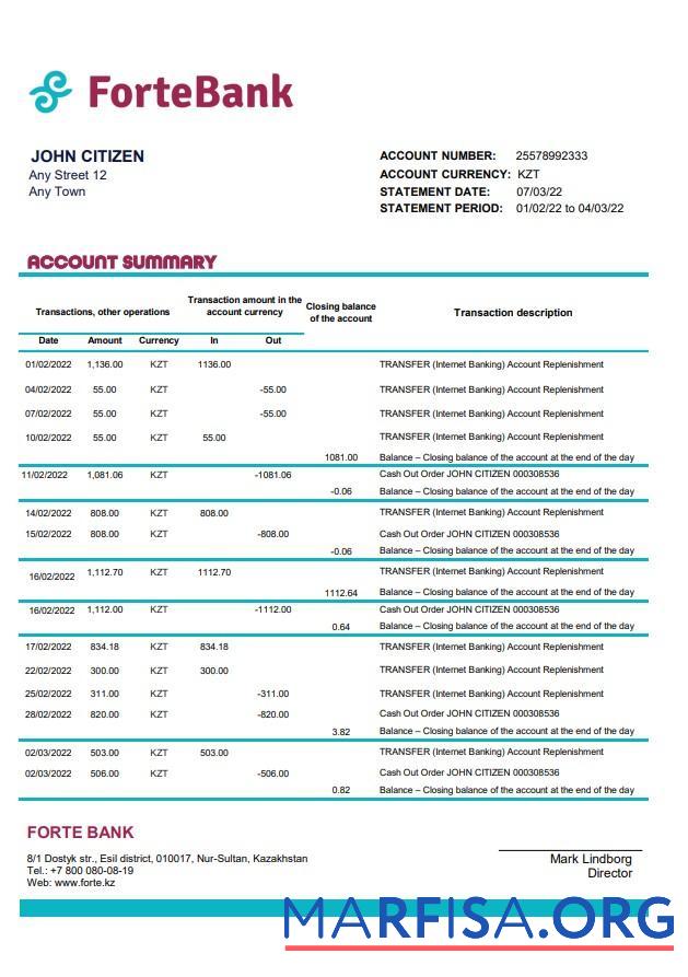 Realistic Kazakhstan Forte bank statement excel real example